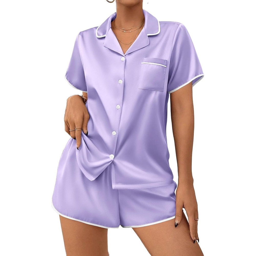 image:imageEkouaer Womens Satin Pajamas Set 2 piece Silky Sleepwear Buttton Down Short Sleeves Top and Shorts Pj Set SXXLLight Purple