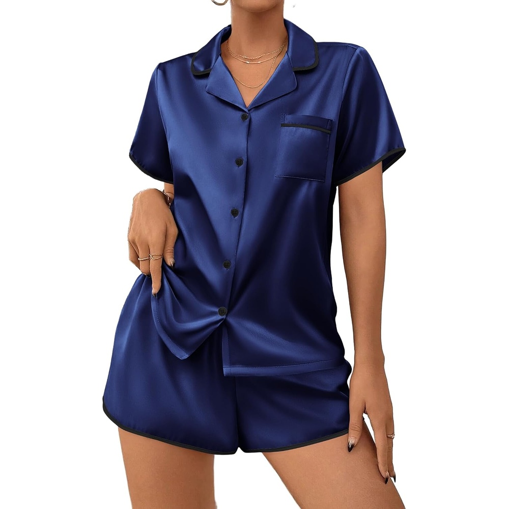 image:imageEkouaer Womens Satin Pajamas Set 2 piece Silky Sleepwear Buttton Down Short Sleeves Top and Shorts Pj Set SXXLNavy Blue