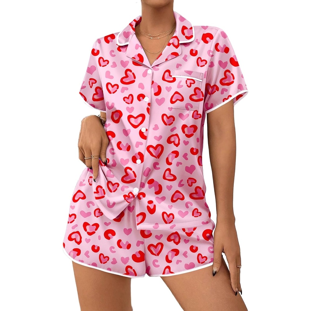 image:imageEkouaer Womens Satin Pajamas Set 2 piece Silky Sleepwear Buttton Down Short Sleeves Top and Shorts Pj Set SXXLPink Leopard