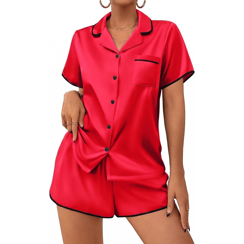 image:imageEkouaer Womens Satin Pajamas Set 2 piece Silky Sleepwear Buttton Down Short Sleeves Top and Shorts Pj Set SXXLRed
