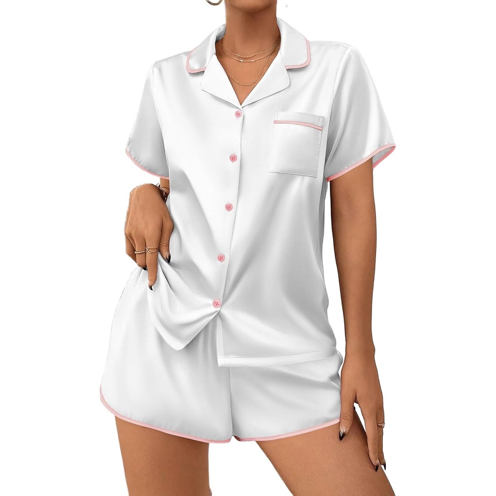 image:imageEkouaer Womens Satin Pajamas Set 2 piece Silky Sleepwear Buttton Down Short Sleeves Top and Shorts Pj Set SXXLWhite
