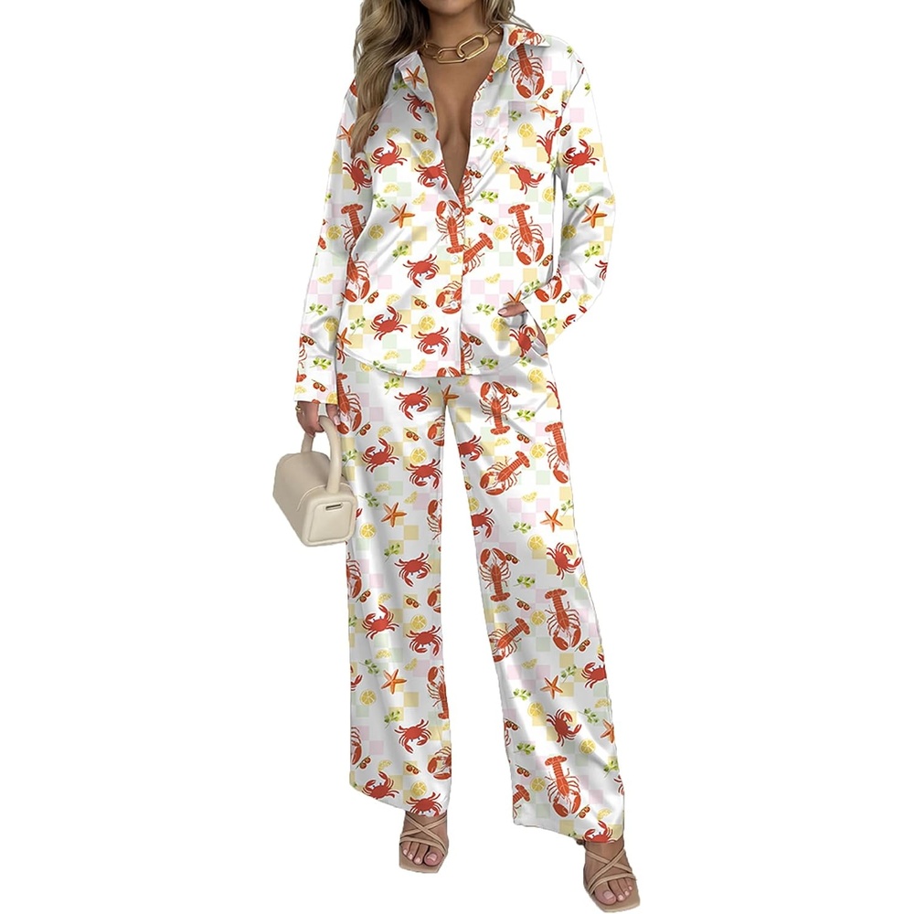 image:imageEkouaer Womens Satin Silky Pajama Set 2 Piece Print PJs Soft Loungewear Button Down Sleepwear with Elastic Waist Long PantsCcrayfish