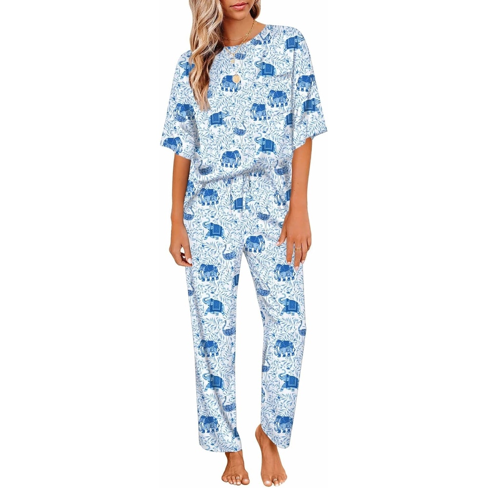 image:imageEkouaer Womens Satin Silky Pajama Set Short Sleeve Shirt with Long Pajama Pant Set Soft PJ LoungewearBoho Elephant
