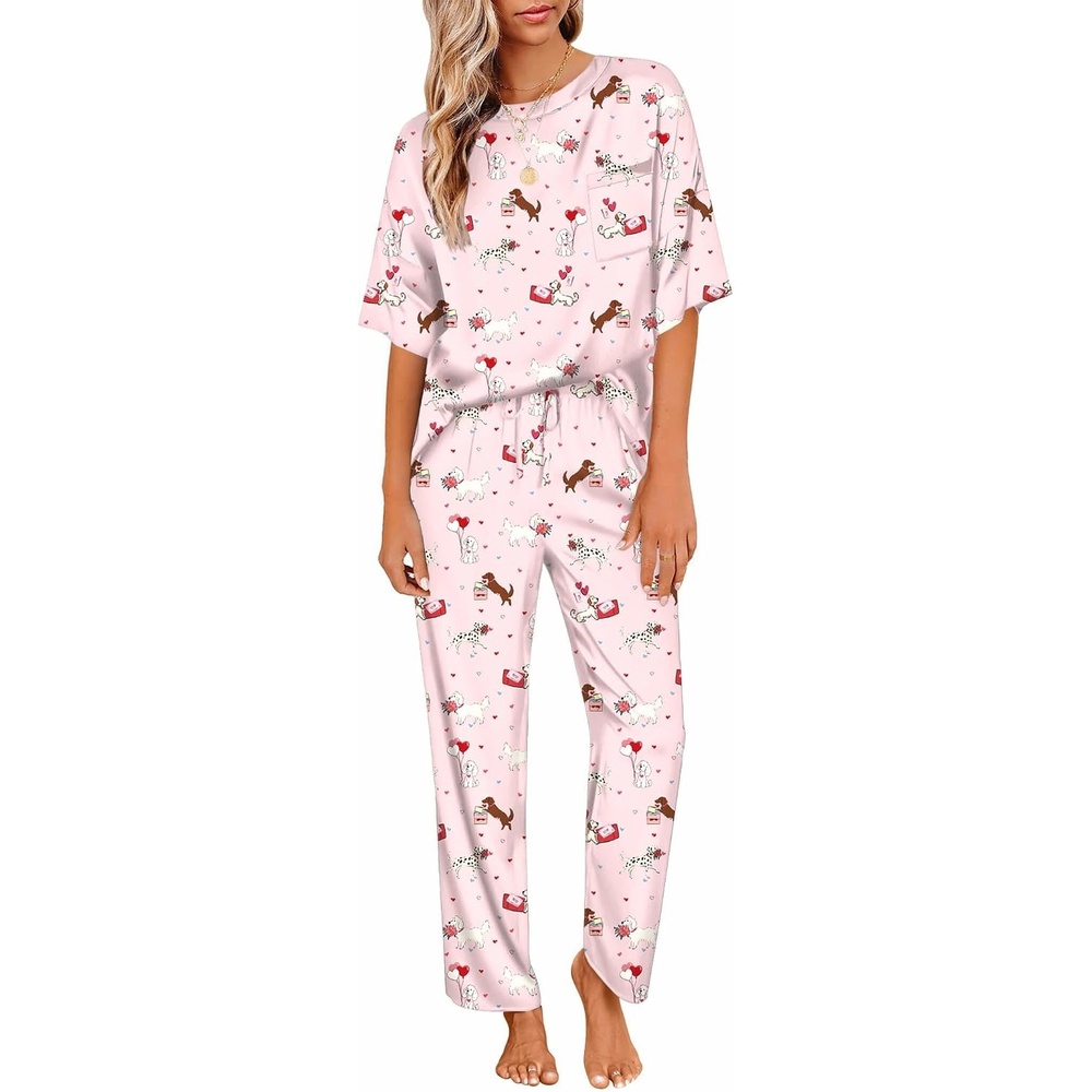 image:imageEkouaer Womens Satin Silky Pajama Set Short Sleeve Shirt with Long Pajama Pant Set Soft PJ LoungewearCute Puppy