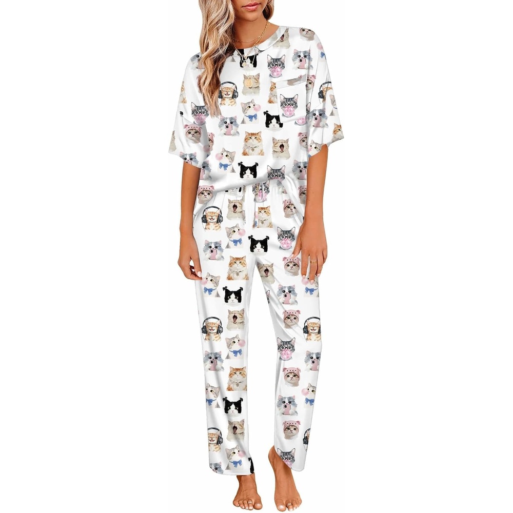 image:imageEkouaer Womens Satin Silky Pajama Set Short Sleeve Shirt with Long Pajama Pant Set Soft PJ LoungewearFunny Cat