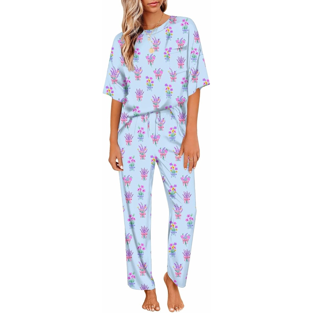 image:imageEkouaer Womens Satin Silky Pajama Set Short Sleeve Shirt with Long Pajama Pant Set Soft PJ LoungewearLavender Flower