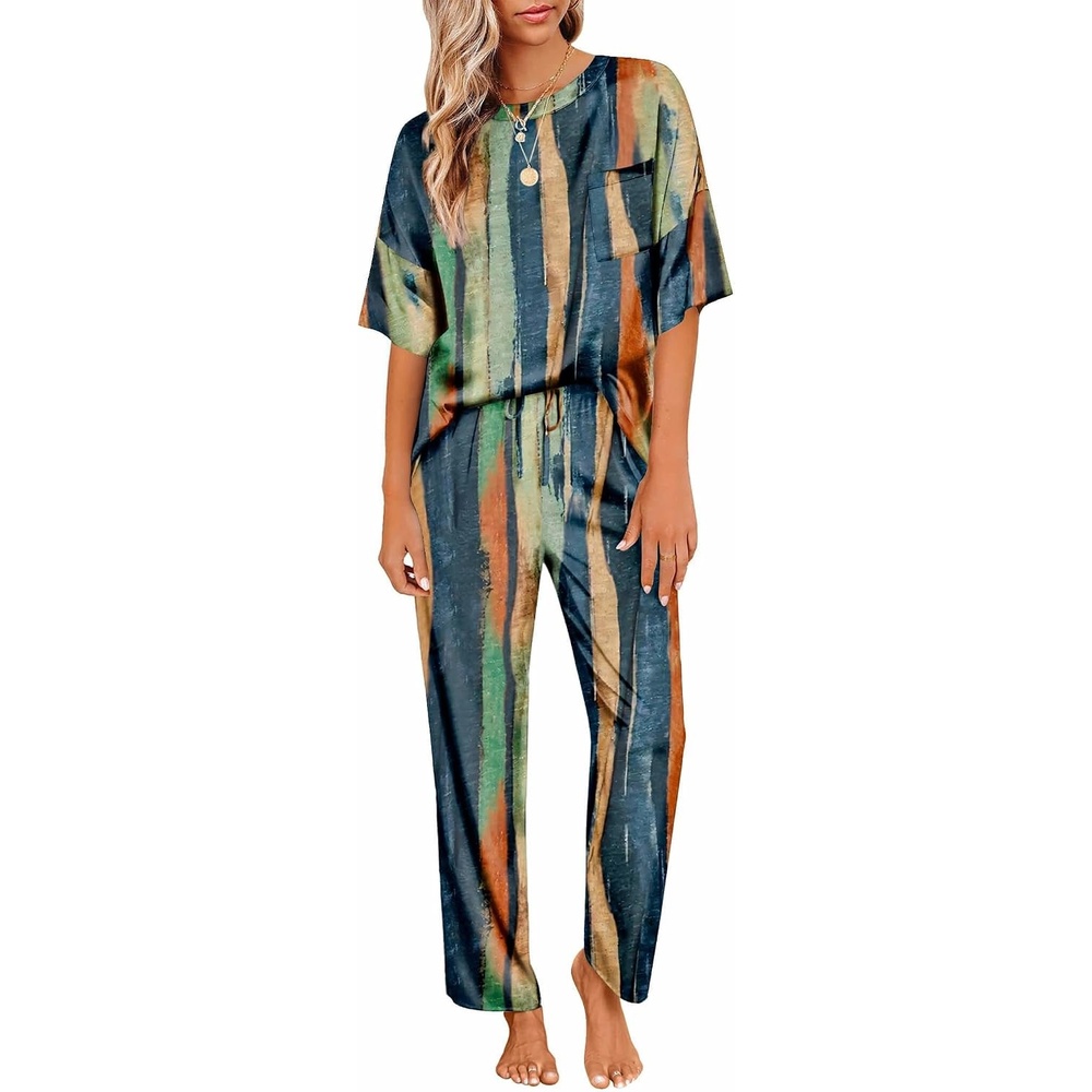 image:imageEkouaer Womens Satin Silky Pajama Set Short Sleeve Shirt with Long Pajama Pant Set Soft PJ LoungewearTiedye