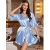 Ekouaer Silk Robes for Women Short Lightweight Bathrobe Ruffled Satin Kimono Robes Sexy Bride Bridesmaid Sleepwear(Blue)