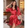 Ekouaer Silk Robes for Women Short Lightweight Bathrobe Ruffled Satin Kimono Robes Sexy Bride Bridesmaid Sleepwear(Red)