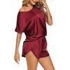 Ekouaer Women Satin Pajama Set Short Sleeve Lightweight Silk Pajama Set 2 Piece Lounge Sets with Shorts(Wine Red)
