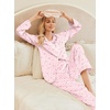 Ekouaer Women’s Classic Button Down Long Satin Silk Pajama Set(Pink Heart Print)
