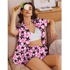 Ekouaer Women’s Satin Pajamas Set 2 piece Silky Sleepwear Buttton Down Short Sleeves Top and Shorts Pj Set S-XXL(Black Pink Star)