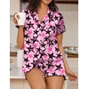 Ekouaer Women’s Satin Pajamas Set 2 piece Silky Sleepwear Buttton Down Short Sleeves Top and Shorts Pj Set S-XXL(Black Pink Star)