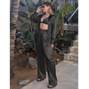 Ekouaer Womens Satin Silky Pajama Set 2 Piece Print PJs Soft Loungewear Button Down Sleepwear with Elastic Waist Long Pants(C_black)