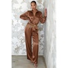 Ekouaer Womens Satin Silky Pajama Set 2 Piece Print PJs Soft Loungewear Button Down Sleepwear with Elastic Waist Long Pants(C_clay)