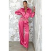 Ekouaer Womens Satin Silky Pajama Set 2 Piece Print PJs Soft Loungewear Button Down Sleepwear with Elastic Waist Long Pants(C_hot Pink)