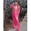 Ekouaer Womens Satin Silky Pajama Set 2 Piece Print PJs Soft Loungewear Button Down Sleepwear with Elastic Waist Long Pants(C_hot Pink)