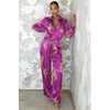 Ekouaer Womens Satin Silky Pajama Set 2 Piece Print PJs Soft Loungewear Button Down Sleepwear with Elastic Waist Long Pants(C_purple Leopard)