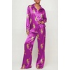Ekouaer Womens Satin Silky Pajama Set 2 Piece Print PJs Soft Loungewear Button Down Sleepwear with Elastic Waist Long Pants(C_purple Leopard)