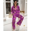 Ekouaer Womens Satin Silky Pajama Set 2 Piece Print PJs Soft Loungewear Button Down Sleepwear with Elastic Waist Long Pants(C_purple Leopard)