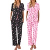 Ekouaer 2 Pack：Womens Pajamas Short Sleeve Pjs Notch Collar Button Up Loungewear Cozy Sleepwear Sets(Cherries and Bows)