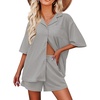 Ekouaer Pajamas for Women Button Up Lounge Set Waffle Knit Loungewear Short Sleeve Pjs 2 Piece Sleepwear Shorts Set Light Grey