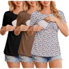 Ekouaer Womens Nursing Tops 3 Pack Double Layer Breastfeeding Shirts Short Sleeve Maternity Clothes S-XXL(3pcs Black / Brown / Floral Pink)