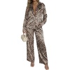 Ekouaer Womens Satin Silky Pajama Set 2 Piece Print PJs Soft Loungewear Button Down Sleepwear with Elastic Waist Long Pants(C_black Leopard)