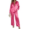 Ekouaer Womens Satin Silky Pajama Set 2 Piece Print PJs Soft Loungewear Button Down Sleepwear with Elastic Waist Long Pants(C_hot Pink)