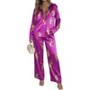 Ekouaer Womens Satin Silky Pajama Set 2 Piece Print PJs Soft Loungewear Button Down Sleepwear with Elastic Waist Long Pants(C_purple Leopard)