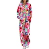 Ekouaer Womens Satin Silky Pajama Set 2 Piece Print PJs Soft Loungewear Button Down Sleepwear with Elastic Waist Long Pants(Red Cartoon Book Print)