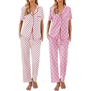 Ekouaer 2 Pack：Womens Pajamas Short Sleeve Pjs Notch Collar Button Up Loungewear Cozy Sleepwear Sets(Flower)