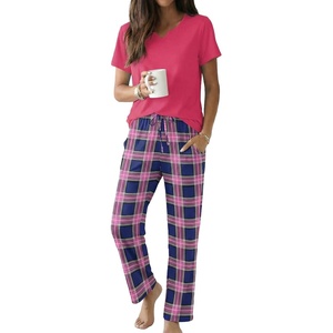 Ekouaer 2 Piece Womens Pajamas Short Sleeve Top and Long Pants Pjs Set Printed Sleepwear with Pocket(Pink Plaid)