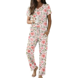 Ekouaer 2 Piece Womens Pajamas Short Sleeve Top and Long Pants Pjs Set Printed Sleepwear with Pocket(White Flower)