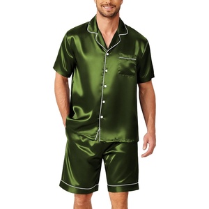 Ekouaer Mens Pajamas Set Silk Satin Sleepwear Short Sleeve Button Down Pjs Set 2 Piece Loungewear with Pockets S-XXL(Dark Army Green)