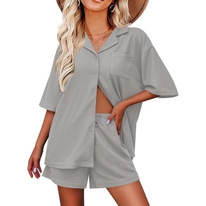 Ekouaer Pajamas for Women Button Up Lounge Set Waffle Knit Loungewear Short Sleeve Pjs 2 Piece Sleepwear Shorts Set Light Grey