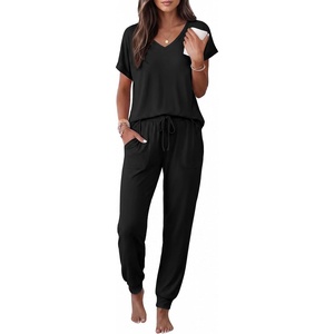 Ekouaer Pajamas for Women Set Short Sleeve Lounge Set Jogger Pants Pjs Soft Sleepwear with Pockets S-XXL(Black)