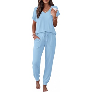 Ekouaer Pajamas for Women Set Short Sleeve Lounge Set Jogger Pants Pjs Soft Sleepwear with Pockets S-XXL(Light Blue)