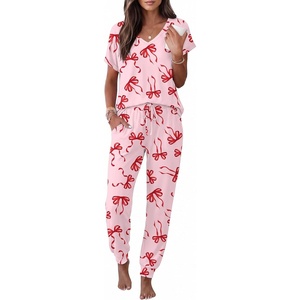 Ekouaer Pajamas for Women Set Short Sleeve Lounge Set Jogger Pants Pjs Soft Sleepwear with Pockets S-XXL(Pink Bow Knot)