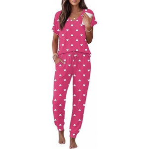 Ekouaer Pajamas for Women Set Short Sleeve Lounge Set Jogger Pants Pjs Soft Sleepwear with Pockets S-XXL(Rose Heart)