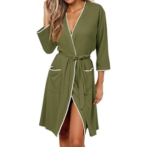 Ekouaer Robes for Women Ribbed Knit Bathrobe Soft Lightweight Knee Length Kimono Robe Ladies Sleepwear with Pockets S-XXL(Army Green)