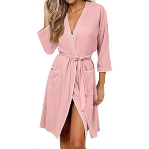 Ekouaer Robes for Women Ribbed Knit Bathrobe Soft Lightweight Knee Length Kimono Robe Ladies Sleepwear with Pockets S-XXL(Dark Pink)