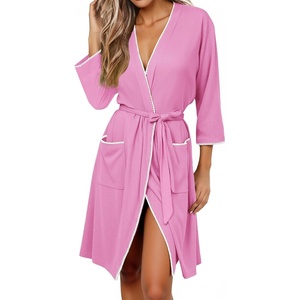 Ekouaer Robes for Women Ribbed Knit Bathrobe Soft Lightweight Knee Length Kimono Robe Ladies Sleepwear with Pockets S-XXL(Gray Purple)