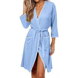 Ekouaer Robes for Women Ribbed Knit Bathrobe Soft Lightweight Knee Length Kimono Robe Ladies Sleepwear with Pockets S-XXL(Light Blue)