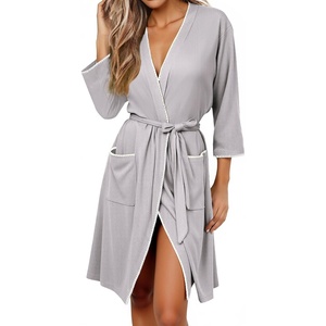 Ekouaer Robes for Women Ribbed Knit Bathrobe Soft Lightweight Knee Length Kimono Robe Ladies Sleepwear with Pockets S-XXL(Light Grey)