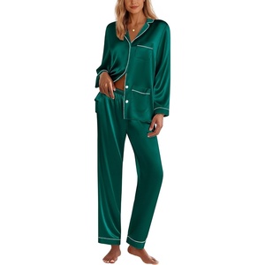 Ekouaer Silk Pajamas for Women Classic Button Down Satin Pajama Sets Long Sleeve Lounge Set(Army Green)
