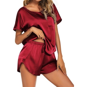 Ekouaer Women Satin Pajama Set Short Sleeve Lightweight Silk Pajama Set 2 Piece Lounge Sets with Shorts(Wine Red)