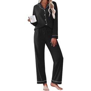 Ekouaer Womens Pajamas Set Cotton Long Sleeve Button Down Sleepwear Top and Long Pants Soft 2 Piece Pjs Lounge Set S-XXL(Black)