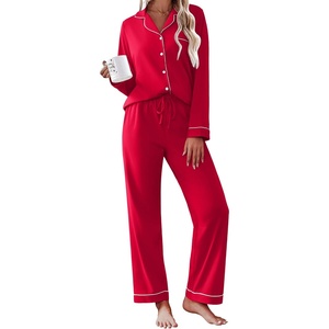 Ekouaer Womens Pajamas Set Cotton Long Sleeve Button Down Sleepwear Top and Long Pants Soft 2 Piece Pjs Lounge Set S-XXL(Red)