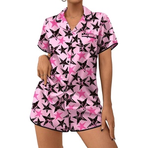 Ekouaer Women’s Satin Pajamas Set 2 piece Silky Sleepwear Buttton Down Short Sleeves Top and Shorts Pj Set S-XXL(Black Pink Star)